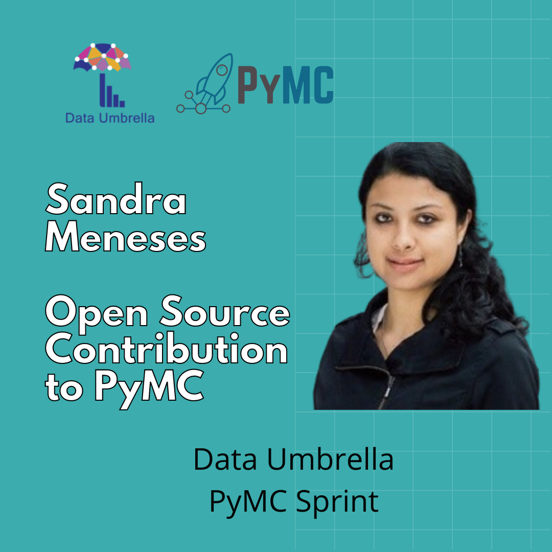 Image with a picture of Sandra Meneses, the PyMC and Data Umbrella logosand the text "Open source contribution to PyMC"